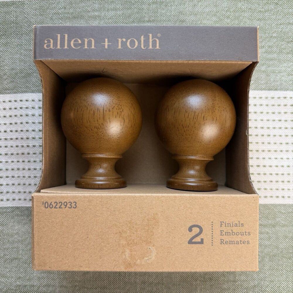 Allen & Roth Round Wooden Finials Tobacco Brown NEW 2-Count Fits 1-3/8 Inch Rod